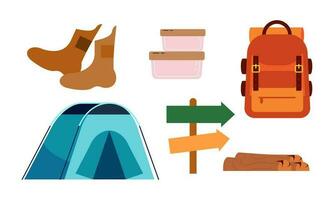 tekenfilm camping en wandelen uitrusting tent en Woud natuur kamp logo vector