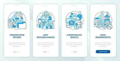 accounting belang blauw onboarding mobiel app scherm. walkthrough 4 stappen bewerkbare grafisch instructies met lineair concepten. ui, ux, gui sjabloon vector