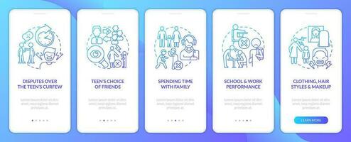 ouder tiener conflict gebieden blauw helling onboarding mobiel app scherm. familie walkthrough 5 stappen grafisch instructies met lineair concepten. ui, ux, gui sjabloon vector