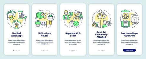 huis aankoop onboarding mobiel app scherm. klaar naar kopen huis walkthrough 5 stappen bewerkbare grafisch instructies met lineair concepten. ui, ux, gui sjabloon vector