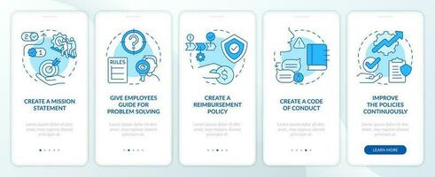 klant onderhoud het beleid blauw onboarding mobiel app scherm. bedrijf walkthrough 5 stappen bewerkbare grafisch instructies met lineair concepten. ui, ux, gui sjabloon vector