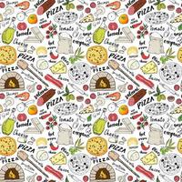 pizza naadloze patroon hand getrokken schets. pizza doodles voedsel achtergrond met bloem en andere voedselingrediënten, oven en keukengerei. vector illustratie