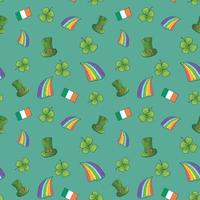 st patrick's day hand getrokken doodle naadloze patroon, met kabouter hoed, pot met gouden munten, regenboog, bier, klavertje vier, hoefijzer, Keltische harp vector illustratie achtergrond