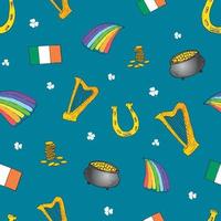 st patrick's day hand getrokken doodle naadloze patroon, met kabouter hoed, pot met gouden munten, regenboog, bier, klavertje vier, hoefijzer, Keltische harp vector illustratie achtergrond