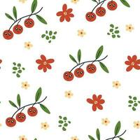 bessen karakter naadloos patroon. bessen met smiley gezicht en bloemen. creatief structuur voor kleding stof, verpakking, textiel, behang, kleding. vector illustratie voor kinderen. schattig fruit achtergrond