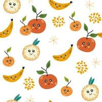 fruit karakter naadloos patroon. banaan, oranje en perziken. creatief structuur voor kleding stof, verpakking, textiel, behang, kleding. vector illustratie