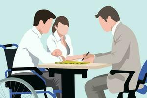 kantoor arbeider Aan een rolstoel bespreken een project met collega's vector