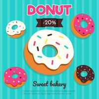 kant en klaar bakkerij poster sjabloon met kleurrijk tekenfilm stijl donuts in helder roze, blauw en bruin tinten voor korting reclame. vector