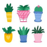 reeks met huis plant, bloemen in pot, gebladerte planten in tekenfilm stijl, in helder kleuren. hand- getrokken vector. verschillend types van bloemen in schattig potten. sjabloon voor web, kaart, poster, sticker, spandoek. vector