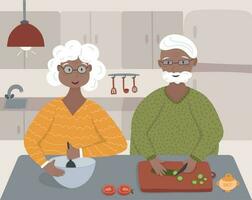 oud gepensioneerd zwart afro Amerikaans paar koken samen een groente salade Aan de knus keuken vector