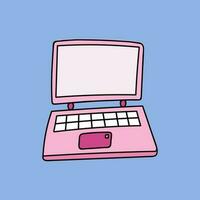 schattig hand- getrokken tekenfilm roze laptop met toetsenbord voor bedrijf, communicatie, spellen. apparaat voor kantoor, werken Bij huis of Bij cafe. kleurrijk vector clip art illustratie geïsoleerd Aan de achtergrond.