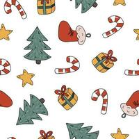 Kerstmis en nieuw jaar naadloos patroon met Kerstmis boom, de kerstman claus sok, ster, verpakt geschenk doos met een boog, snoep riet. schattig hand- getrokken vector illustraties Aan de beige achtergrond.
