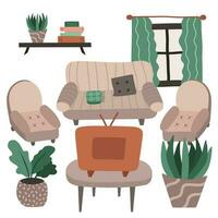 leven kamer interieur in boho stijl. lounge met bank, fauteuils, boekenplank, retro TV, koffie tafel, planten. tekenfilm hand- getrokken illustratie. retro huis binnen met meubilair. knus huiselijk appartement. vector