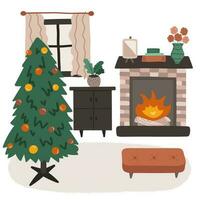 leven kamer interieur in boho stijl. lounge met tapijt, dressoir, haard, versierd Kerstmis boom. tekenfilm hand- getrokken illustratie. retro huis binnen met meubilair. knus huiselijk appartement. vector