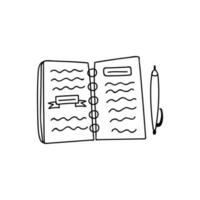 schattig hand- getrokken geïsoleerd tekening notitieboekje, kladblok, ontwerper met aantekeningen en pen voor onderwijs en het roosteren vector