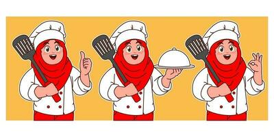 weinig hijab chef Holding spatel en heerlijk schotel vector