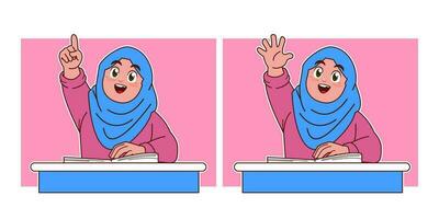 weinig hijab meisje aan het studeren in klasse en verhogen hand- vector