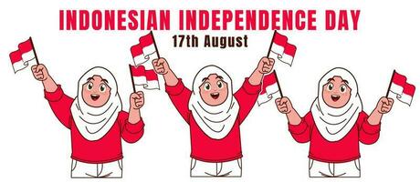 weinig hijab meisje golvend Indonesisch vlag, Indonesië onafhankelijkheid dag viering vector