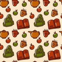herfst naadloos patroon. school- atmosfeer. een boek, een rugzak, een appel en thee. vector illustratie. ideaal voor gebruik in textiel, papier ontwerpen, huis decor, en andere creatief projecten