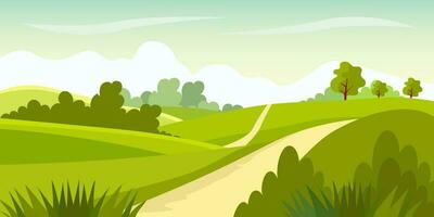 tekenfilm landelijk grasland landschap, landelijk rijbaan weg naar horizon door groen weiland weiden met gras en bomen in velden, zomer bouwland panorama. boerderij veld- landschap vector illustratie.