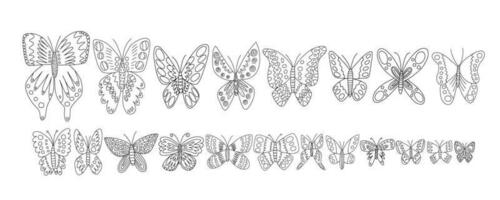 verschillend soorten vlinders vector hand- getrokken set. zwart en wit vlinders tekening set. kool, Pauw vlinder en Purper keizer