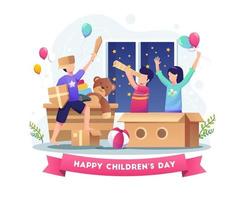 gelukkige kinderen spelen met karton en speelgoed op wereldkinderdag vectorillustratie vector