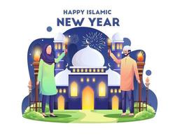 moslim paar vieren islamitisch nieuwjaar met fakkels festival vectorillustratie vector