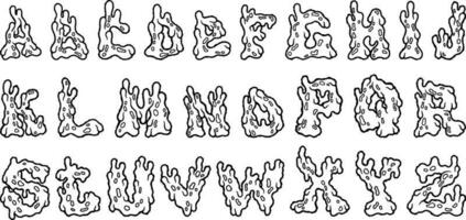 vloeistof lettertype. alfabet, 3d y2k bubbel brieven, typografie 90s vormen, gesmolten hippie 80s abc lettertype, modern brieven teken, retro futurisme, belettering. vector zwart en wit schets lijnen