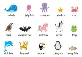 set van schattige tekenfilm dieren met namen. vectorillustraties. vector