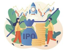 eerste openbaar aanbieden. ipo concept. investering. klein mensen investeerders ivest voorraad markt aandelen. bedrijf groei. passief inkomen. modern vlak tekenfilm stijl. vector illustratie Aan wit achtergrond