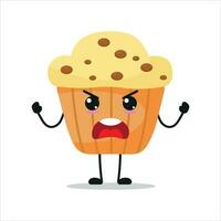 schattig boos muffin karakter. grappig woedend koekje tekenfilm emoticon in vlak stijl. bakkerij emoji vector illustratie