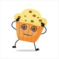 schattig duizelig muffin karakter. grappig dronken koekje tekenfilm emoticon in vlak stijl. bakkerij emoji vector illustratie