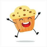 schattig gelukkig muffin karakter. grappig springen koekje tekenfilm emoticon in vlak stijl. bakkerij emoji vector illustratie