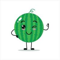 schattig gelukkig watermeloen karakter. grappig glimlachen en knipperen watermeloen tekenfilm emoticon in vlak stijl. fruit emoji vector illustratie