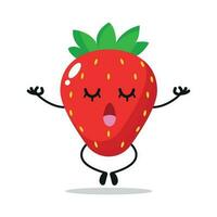 schattig kom tot rust aardbei karakter. grappig yoga aardbei tekenfilm emoticon in vlak stijl. fruit emoji meditatie vector illustratie
