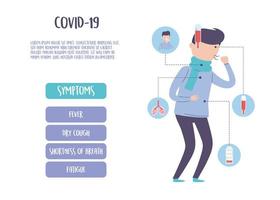 covid 19 pandemische infographic, symptomen van coronavirusziekte, koorts, hoest, vermoeidheid vector