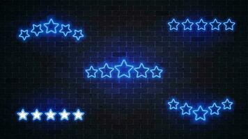 vijf ster neon gloeiend teken. beoordeling sterren verzameling. vector illustratie