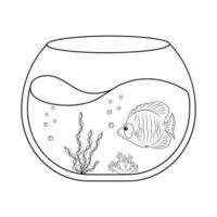 aquarium met vis kleur boek. kinderen s contour tekening van een aquatisch huisdier. schetsen van een ronde aquarium zwart lijnen. vector