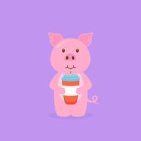 schattig varken drinkt koffie cartoon vector