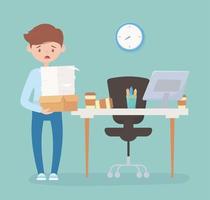 gestresste werknemer met veel papieren en doos op kantoor werkstress vector