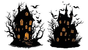 gelukkig halloween eng geest huis met vleermuizen vector illustratie, halloween nacht eng huis illustratie