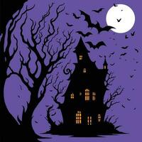 gelukkig halloween eng geest huis met vleermuizen vector illustratie, halloween nacht eng huis illustratie