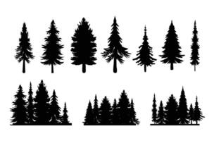 wijnoogst verschillend pijnboom bomen en Woud silhouetten reeks geïsoleerd Aan wit achtergrond vector illustratie