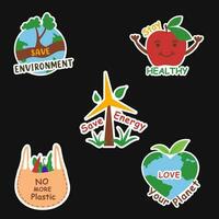 eco vriendelijk en milieu stickers reeks 2 van opslaan omgeving, blijven gezond, opslaan energie, Nee plastic en liefde planeet vector