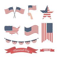 gelukkige herdenkingsdag, verenigde staten vlaggen verschillende vorm symbool pictogrammen amerikaanse viering vector