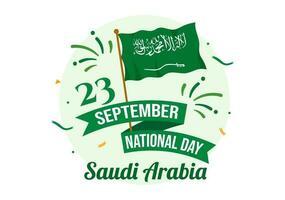 gelukkig saudi Arabië nationaal dag vector illustratie Aan september 23 met golvend vlag achtergrond in vlak tekenfilm hand- getrokken landen bladzijde Sjablonen