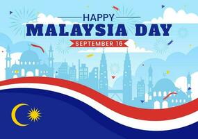 gelukkig Maleisië dag viering vector illustratie Aan 16 september met golvend vlag en tweeling torens in vlak tekenfilm hand- getrokken Sjablonen