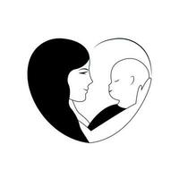 mam houdt baby in haar armen binnen hartvormig silhouet. zwart en wit beeld voor logo. moeder dag. vector illustratie