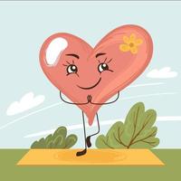 happy cartoon hart doen yoga, meditatie in de natuur. emotionele rust. vector hand getekende illustratie