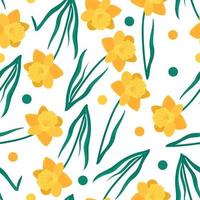 naadloos bloemenpatroon met narcissen, groene bladeren en cirkels. hand getekende gele bloemen vector achtergrond